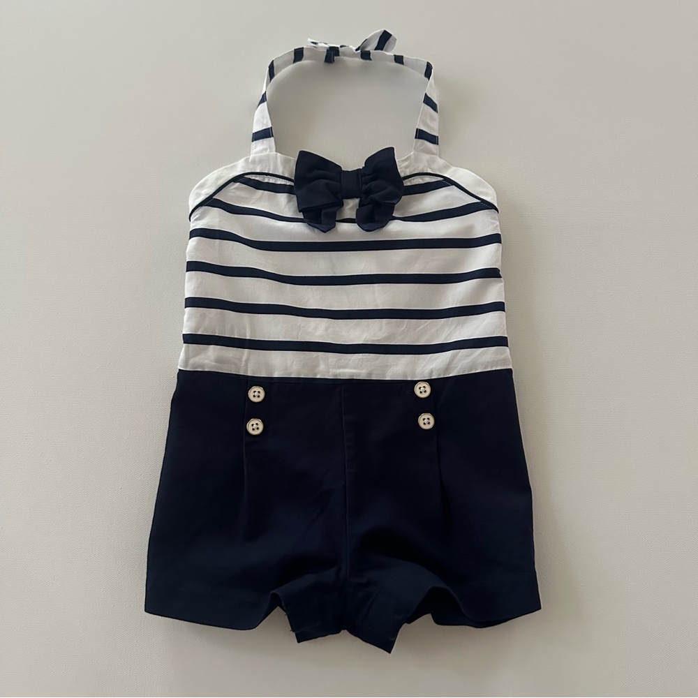 Janie and Jack 18-24 Months Baby Girl Retro Navy White Striped Romper with Bow